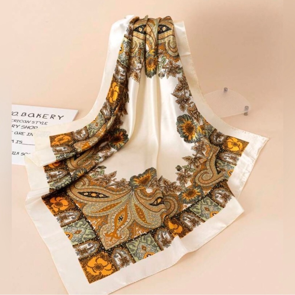 ✨NEW Elegant Paisley Silk like Scarf in Gold and Cream - Picture 2 of 3